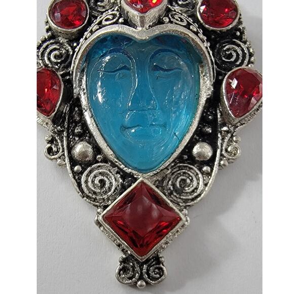 Unique Sterling Silver Pendant with Blue Carved Face and Red Gemstones - Picture 6 of 8